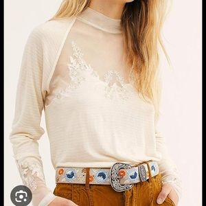Free People Saheli Cream Ivory Mesh Embroidery Top Long Sleeve Size Large